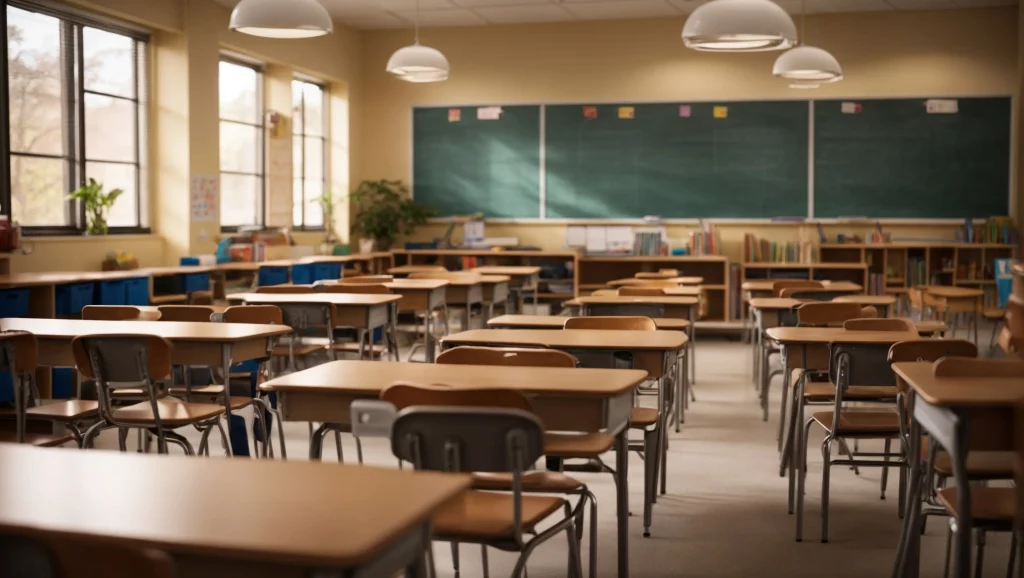Salle de classe vide avec pupitres inoccupés, symbole du décrochage scolaire